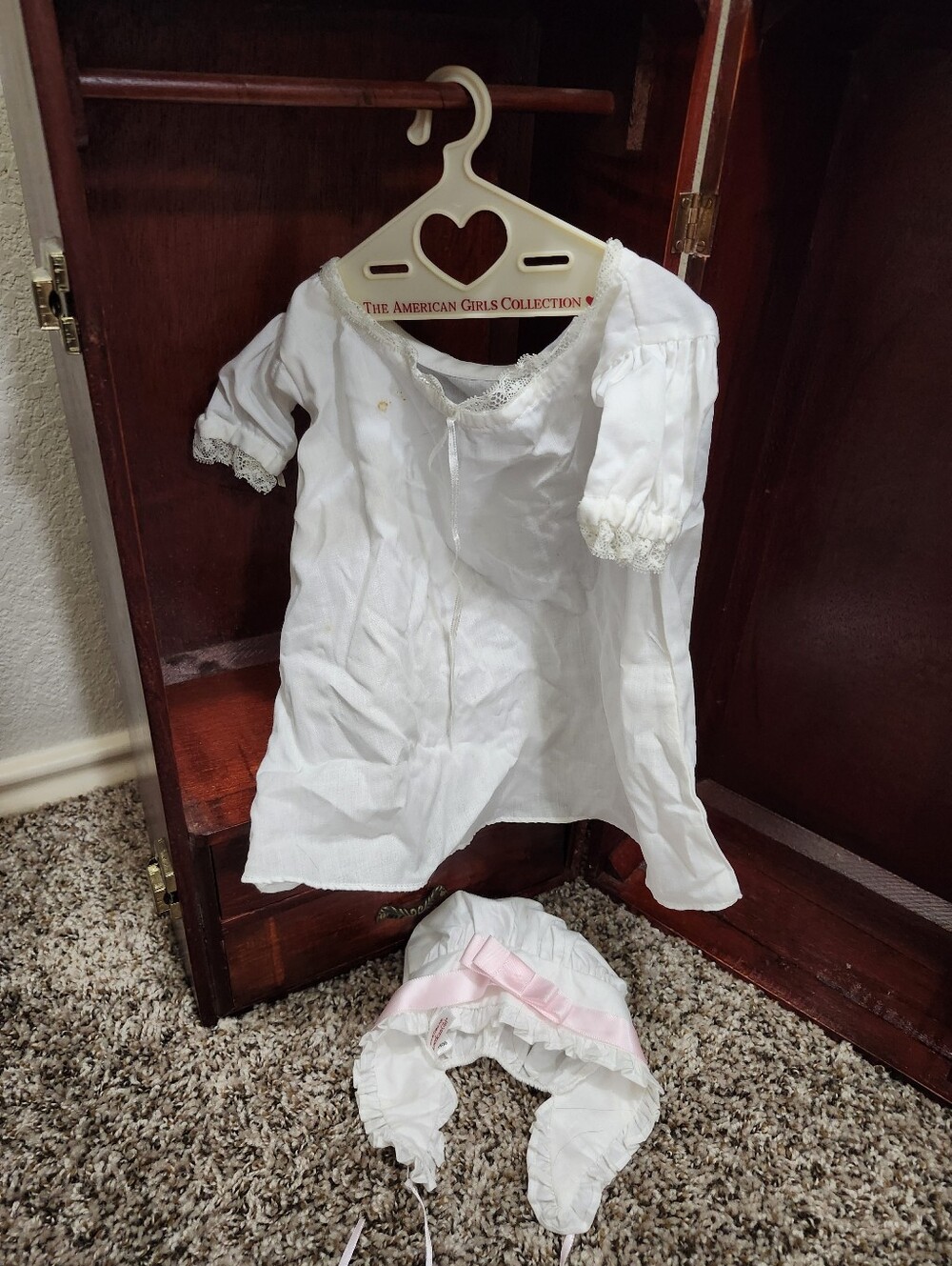 American Girl White Doll Nightgown with Pink Ribbon Bonnet
